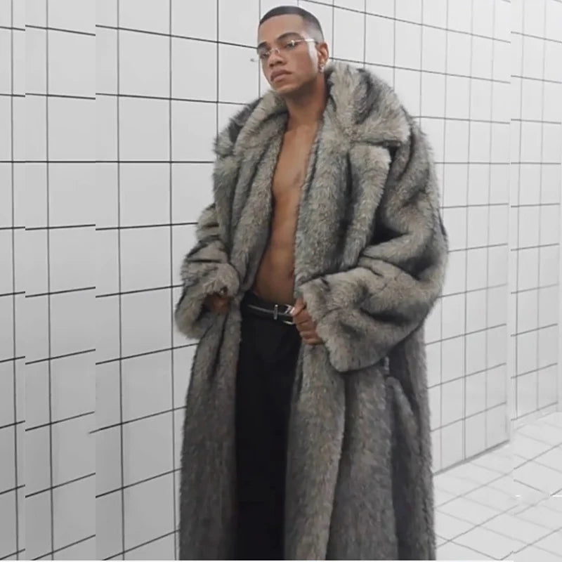 New men's fur coat, fox fur lapels, long trendy overcoat, winter windproof and warm trench coat, large size | Kimlud...