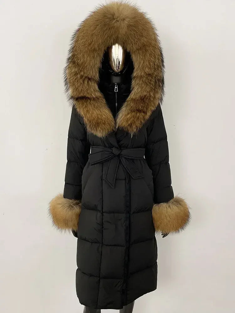 CXFS New Real Raccoon Fox Fur Collar Hooded Natural Long Winter Jacket Women 90 White Duck Down Coat Thick Warm Casual Outerwear