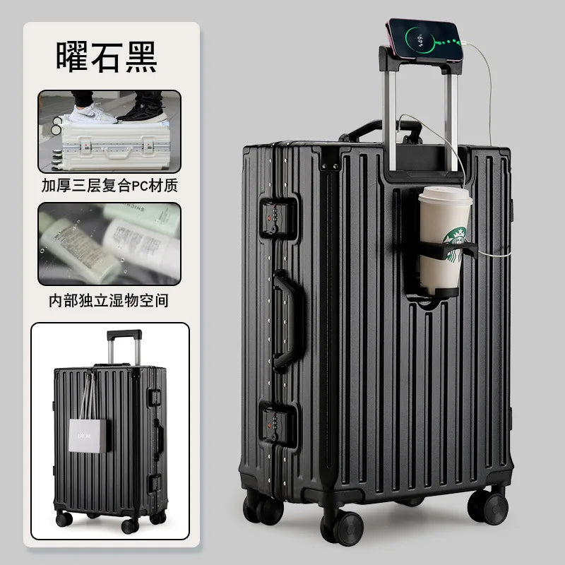 New Multifunction Suitcase with USB Charging Aluminum Frame +PC Suitcase Trip Cabin Male and Female Carrier 28/30-inch
