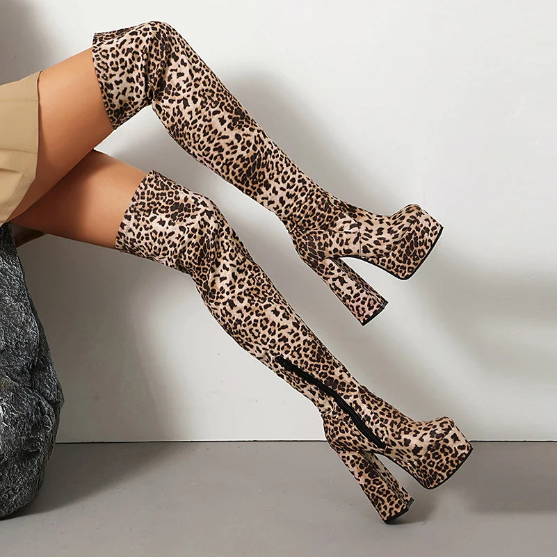 Plus Size High Platform Super Thick Heel Leopard Print Velvet Over The Knee Boots Roman Style Winter Sexy Long Boots