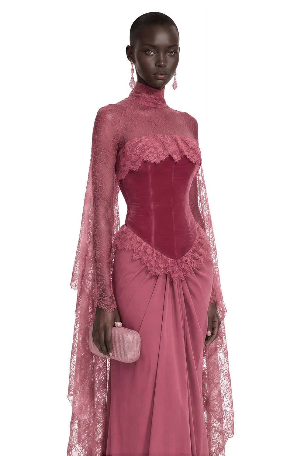 Mila Custom Dusty Rose High Neck Lace Long Flounce Sleeve Mermaid Prom Dress Spliced Velvet Formal Evening Gown Homecoming Dress - Kimlud
