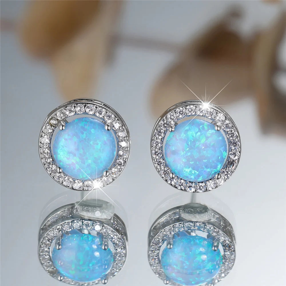Cute Female Crystal White Blue Opal Round Stone Stud Earrings Silver Color Wedding Jewelry For Women | Kimlud Mid Range...