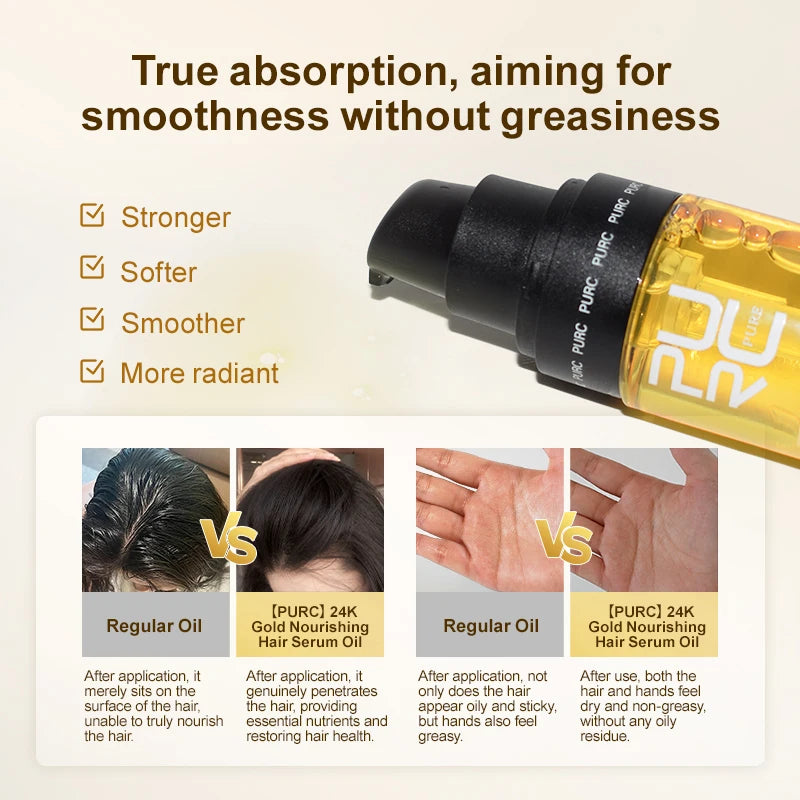 PURC 24K Gold Nourishing Hair Oil Smoothing Repair Damaged Frizz Hair Professional Hair Care Products for Women