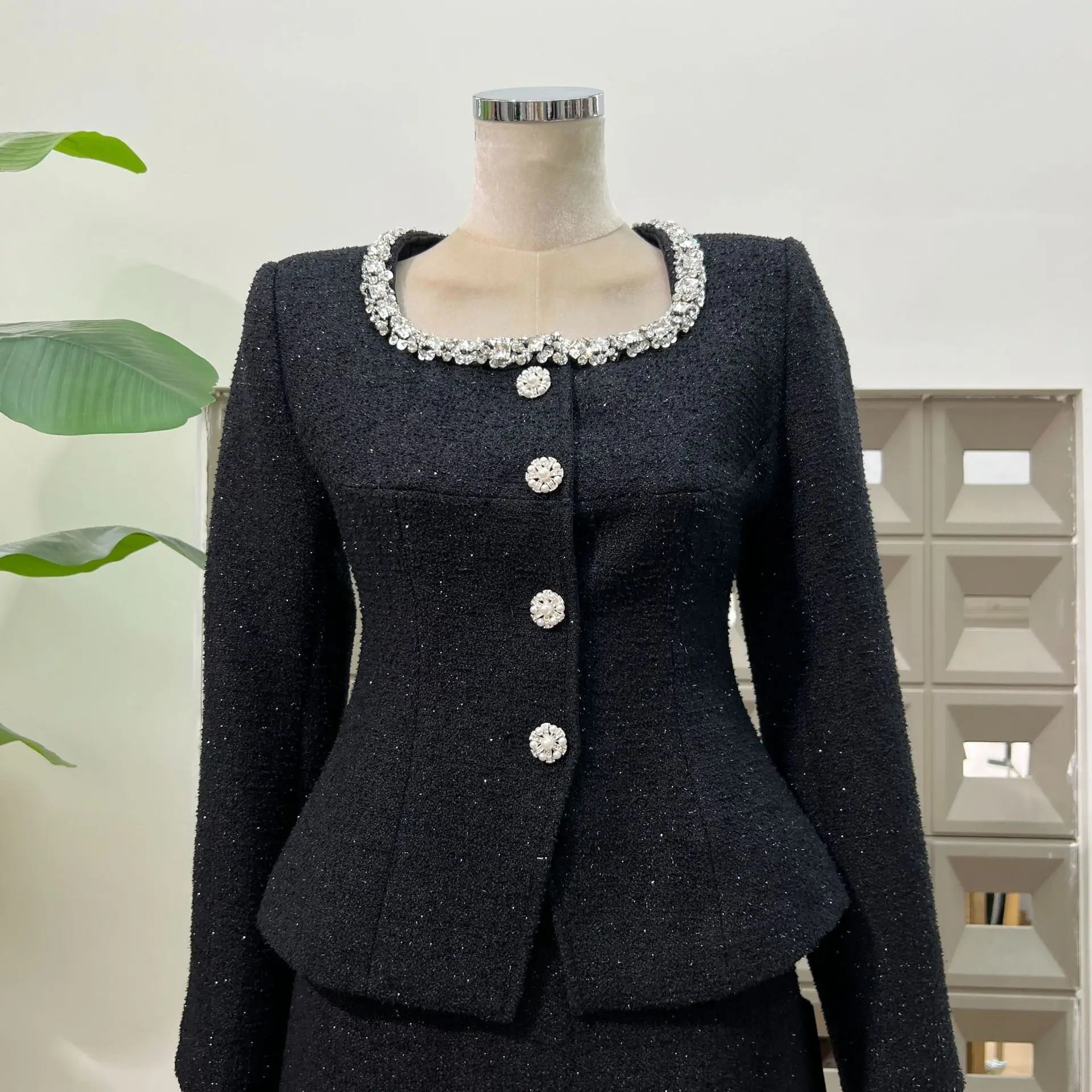 IEQJ Fashion Black 2 Piece Set Women Square Collar Diamonds Inlaid Short Jacket High Waist Skirt Suit Autumn New 3A556