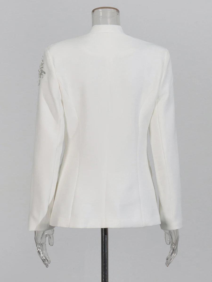 CHICEVER Solid Spliced Beading Slimming Blazer for Women Notched Collar Long Sleeve Patchwork Button Formal Coat Female Fashion