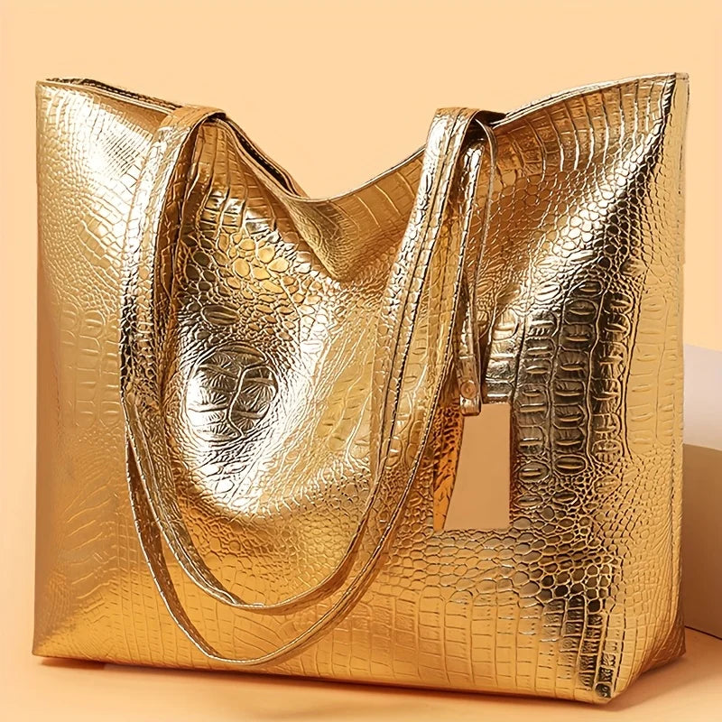 Vintage Women's Tote Bag, Large Capacity Handbag Shoulder Bag with Zipper Closure, Metallic Finish Handbags for Work, Parties