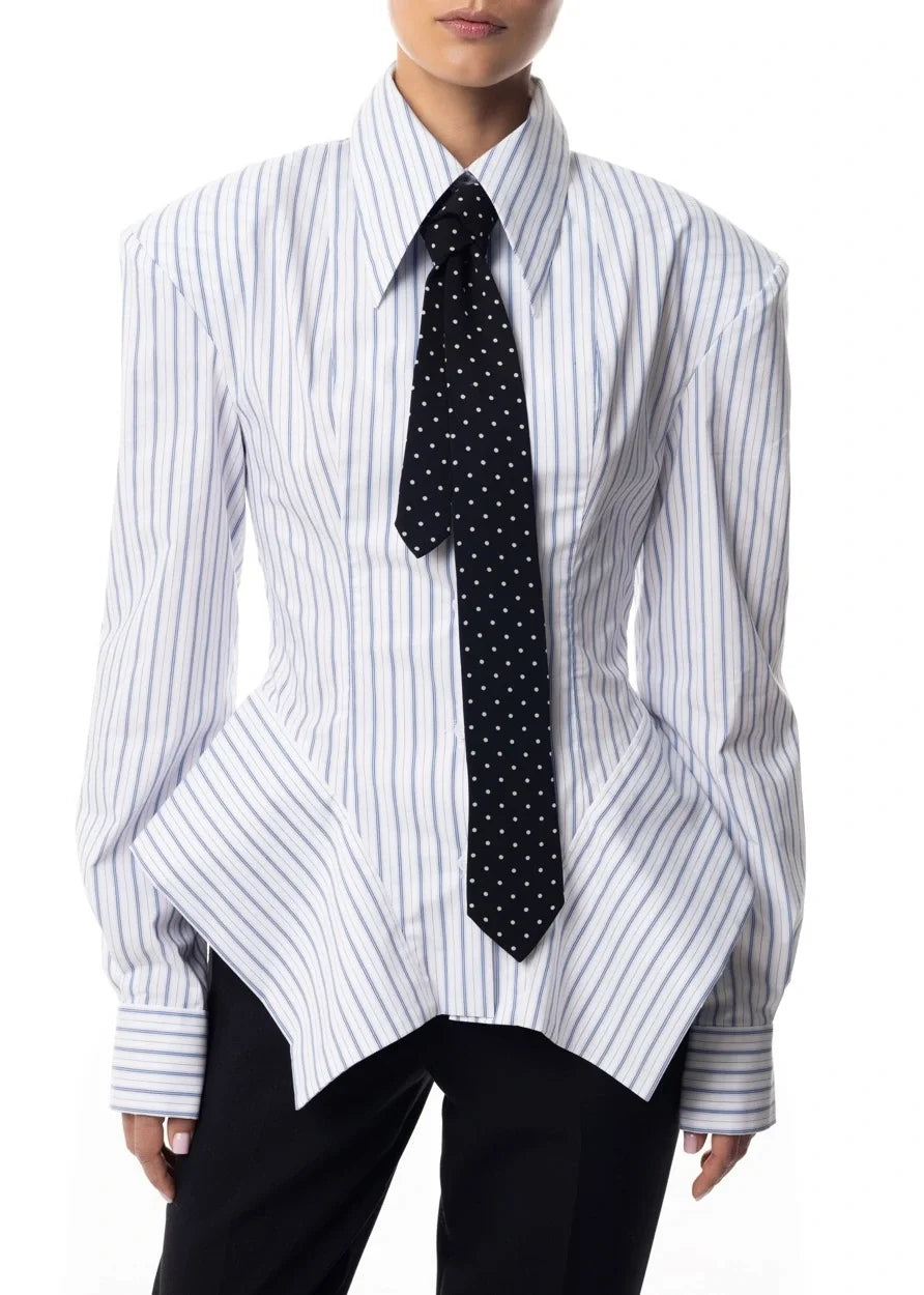 Women's Collar Striped Shirt with Asymmetrical Hem and Waist Cinching 2026 Spring summer Fashionable Casual Office...