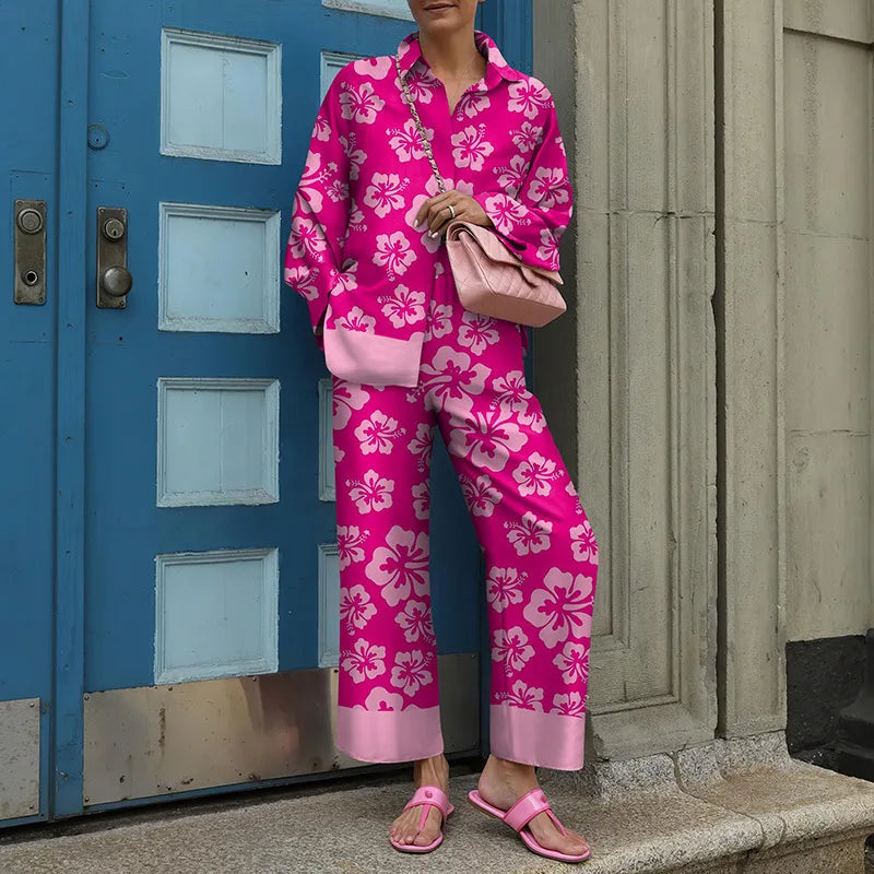 Autumn New Loose Vintage Printed Pant Sets Women Long Sleeve Shirts And Wide Legs Trousers Two Piece Set 2025 Fashion Streetwear