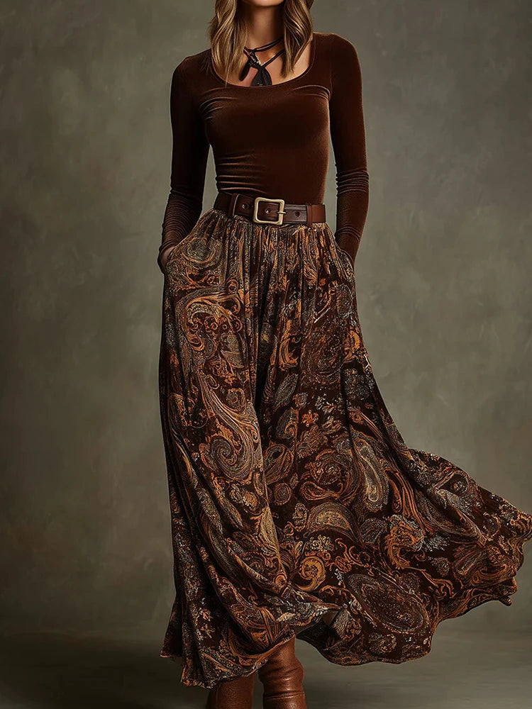 Autumn Winter Women's O Neck Pullover Top And Maxi Skirt Two-Piece Set Long Sleeve Chic Holiday Fashion Outfit Ladies Suits 2025