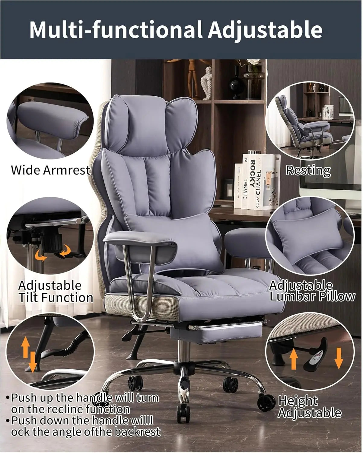 Big and Tall Office Chair 440LBS, Purple Heavy Duty Executive Chair with Footrest, Ergonomic Desk Chair for Home Office,...