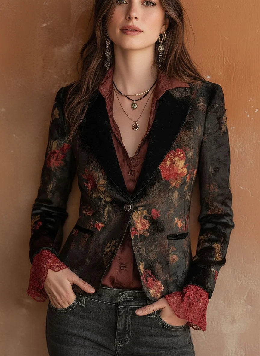 Floral Printed Retro Jacket for Women's Single Button Velvet Notched Collar Streetwear Vintage Casual Autumn Blazer Outerwear