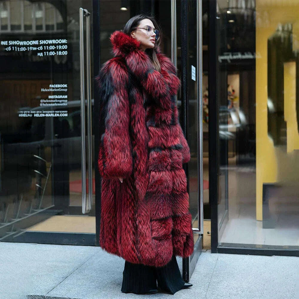 120cm Long Real Silver Fox Fur Coat with Big Turn-down Collar High Street Women Genuien Wholeskin Fox Fur Coats Outwear Woman