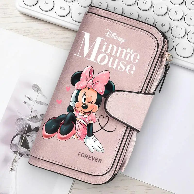 Mickey Minnie Lady Long Zip Wallet Buckle Tote Bag Coin Purse Soft PU Leather Multi-functional Card Holder Casual Daily
