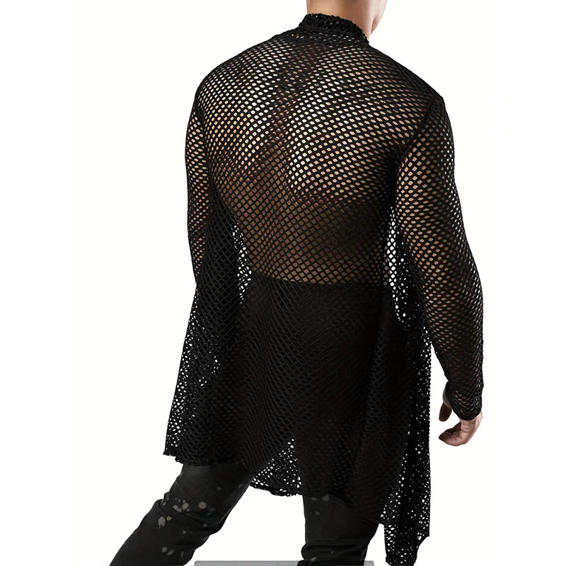 Men's Sexy Hollow Out Long Cardigan Grid Shirts Streetwear Fashion Perspective Long-sleeved Solid Color T Shirt Tops S-3XL - Kimlud