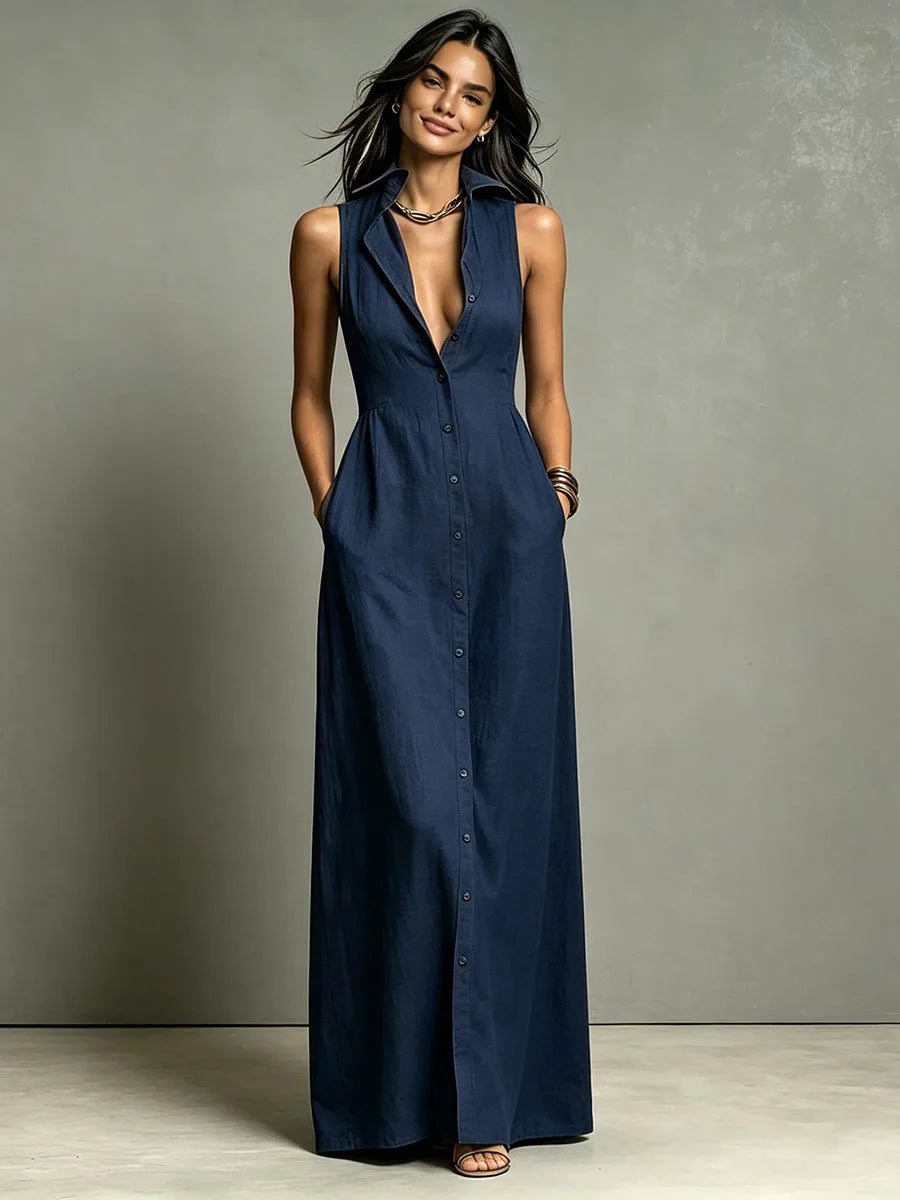 Women Maxi Dress Sleeveless Lapel Collar Button Down Shirt Dress With Pockets Deep V Neck Summer Beach Vacation Long Sundress