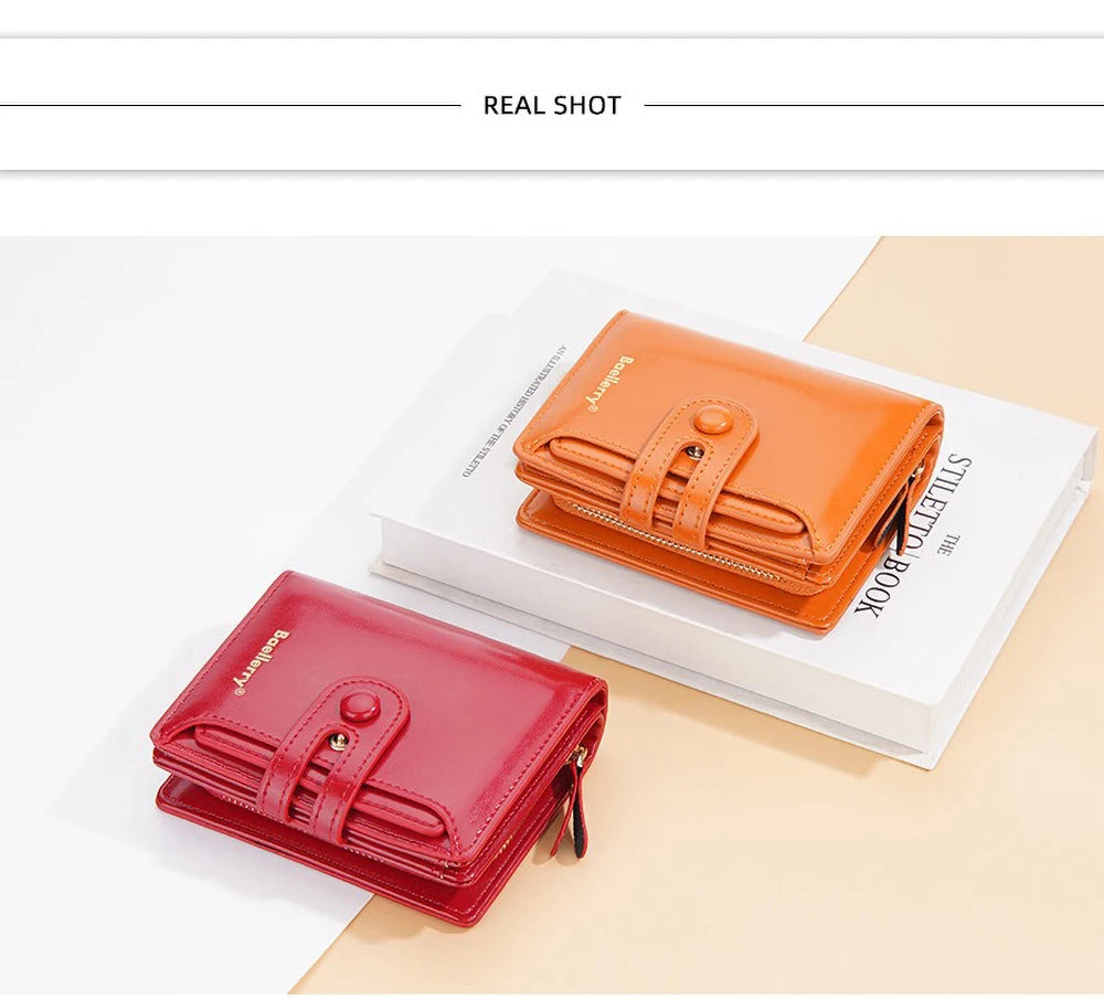 Women's Oiled Waxed Leather Wallet - Buckle Closure, Vertical Zipper Coin Pocket & 6 Card Slots (Heritage Design)