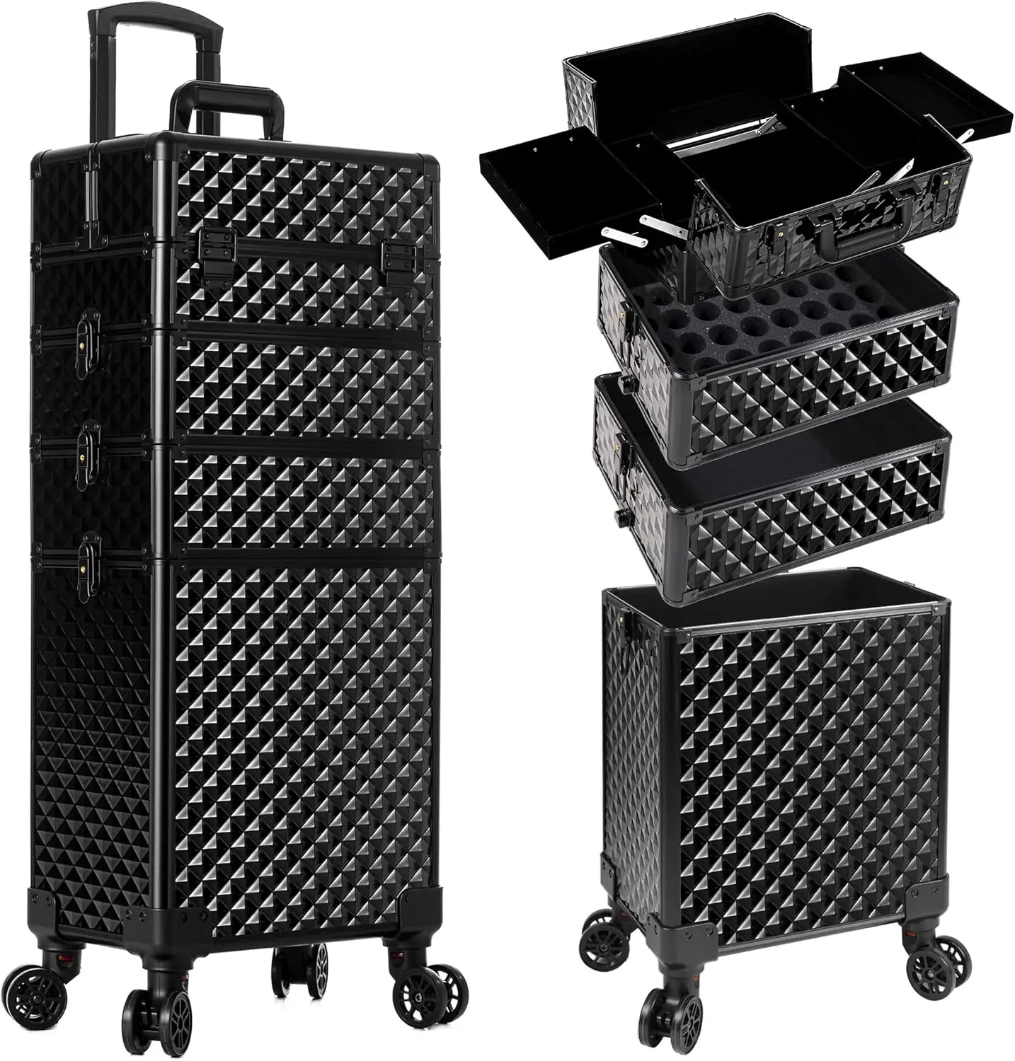 Rolling Makeup Train Case 4 in 1 Cosmetology Case on Wheels Large Storage Cosmetic Trolley with Key Salon Barber Case