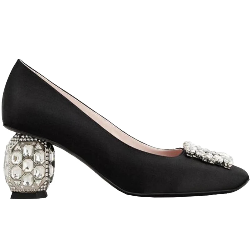 New Rhinestone High Heels Women Slip-On Pumps Women Square Toe Party Crystal Dress Shoes Femmes Chaussures Zapatos De Mujer - Kimlud