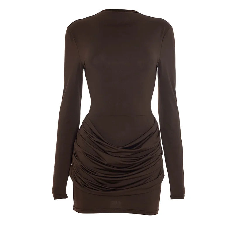 Solid Color Gathered Hip Cover Long Sleeve Dress Women's Spring Summer New Casual Round Neck Dresses For Women Ropa...