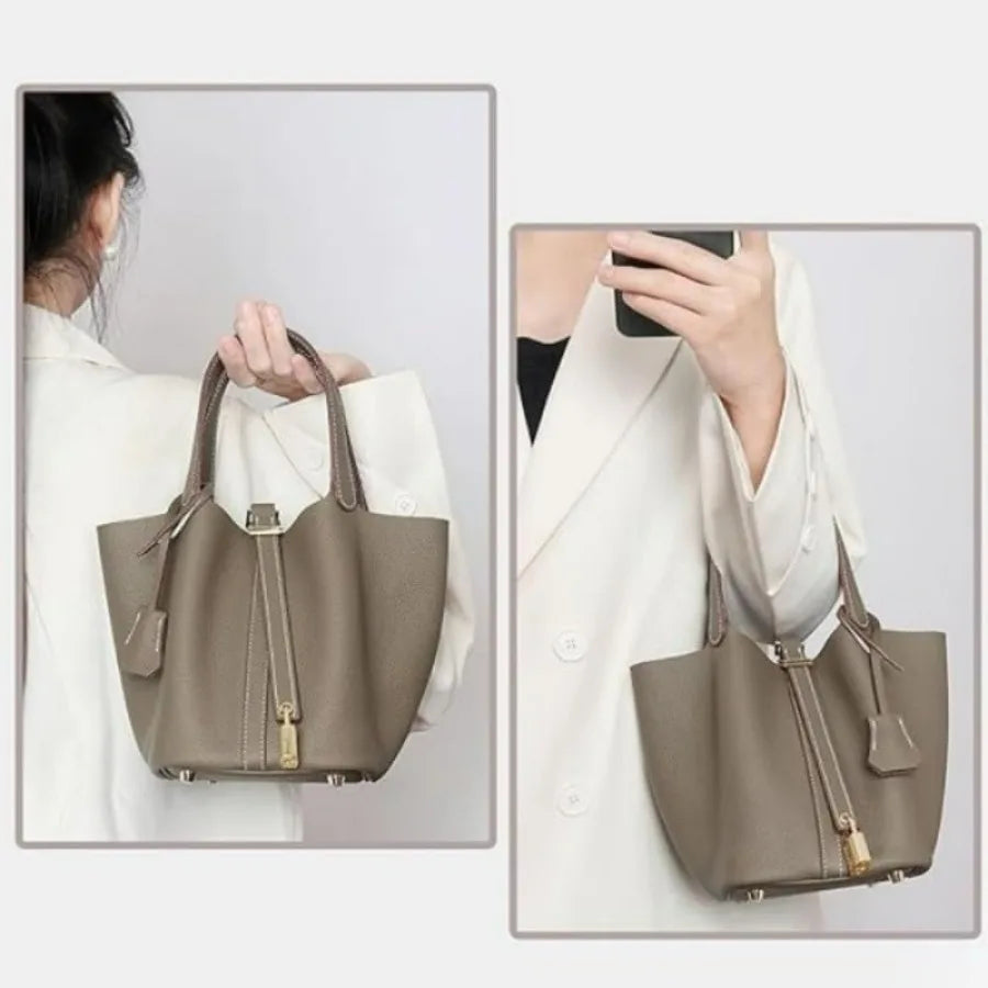 Genuine Leather Bucket Bag for Women: Lock Design Shoulder Handbag Versatile Top-Handle Tote Fashionable Vegetable...