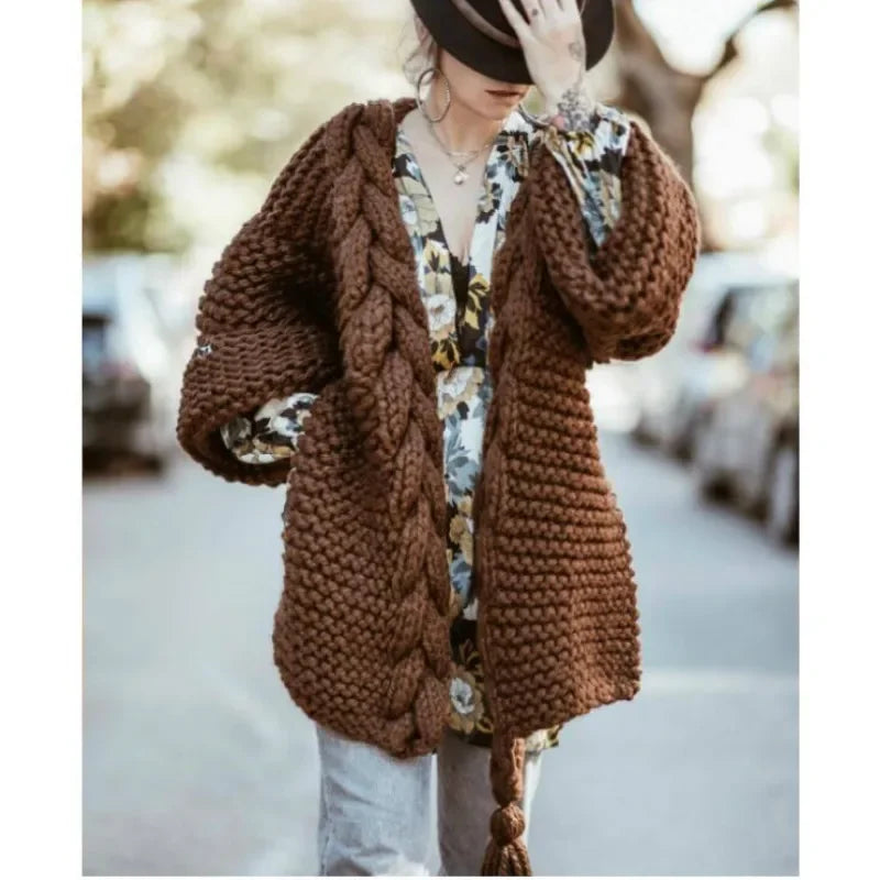 Hand-woven Split Wild Tassels Hook Twist Sweater Coat Crocheted Cardigan Autumn and Winter Thick Long Lantern Sleeve...