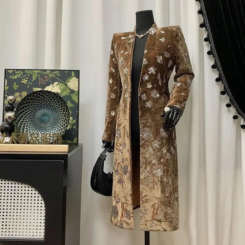 Women Spring Autumn New Heavyweight Sequined Embroidered Jacquard Coat Brown Velvet Stand-Collar Slim Fit Trench Coat Top