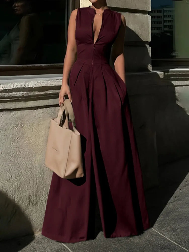 UOOZEE Summer Sleeveless Jumpsuits Women Solid Color V-Neck Zipper Loose Pockets High Waist Wide Leg One-piece Outfits 2025 New - Kimlud