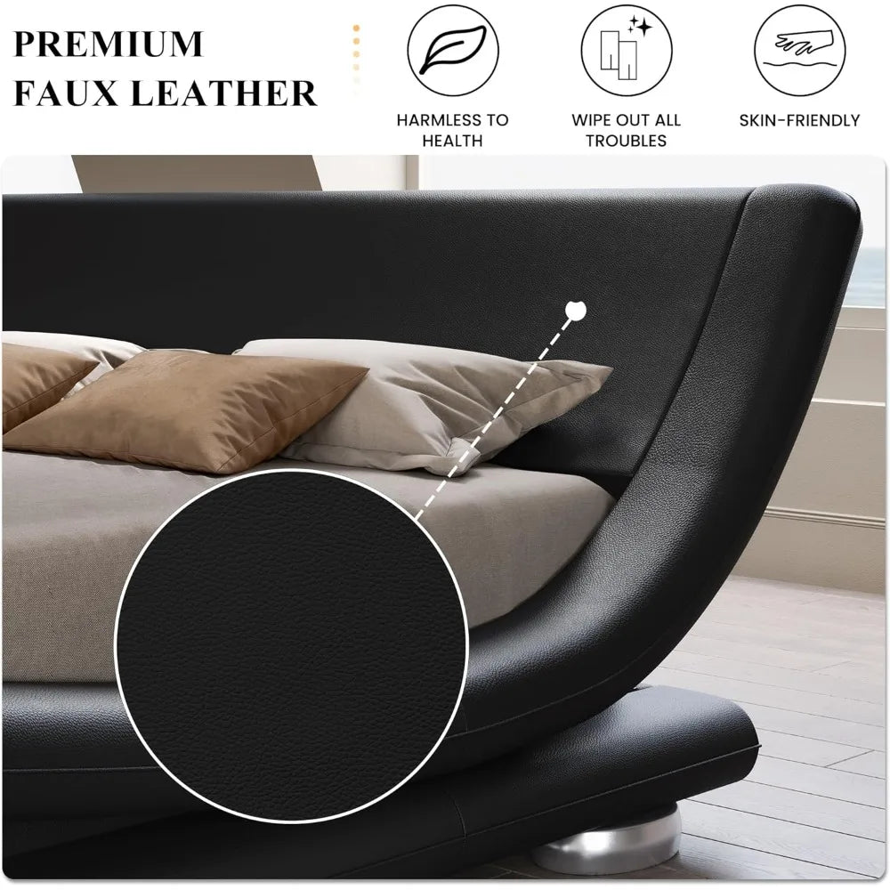 Queen Size Bed Frame with Faux Leather Ergonomics Headboard, No Box Spring Needed & Easy Assembly, Queen Size Bed Frame