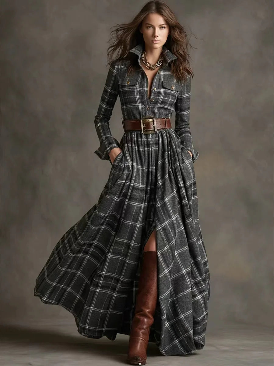 Plaid with Belt Retro Long Dress Lapel Button Irregular A Line Skirts Long Sleeve Casual Women's Dresses Autumn Elegant Clothes