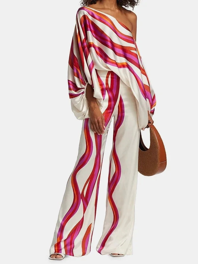 Women Satin Print Pajamas Suit Fashion Hollow Off Shoulder Tops with Long Pants 2 Piece Sets 2024 Homewear Commuting Outfits - Kimlud