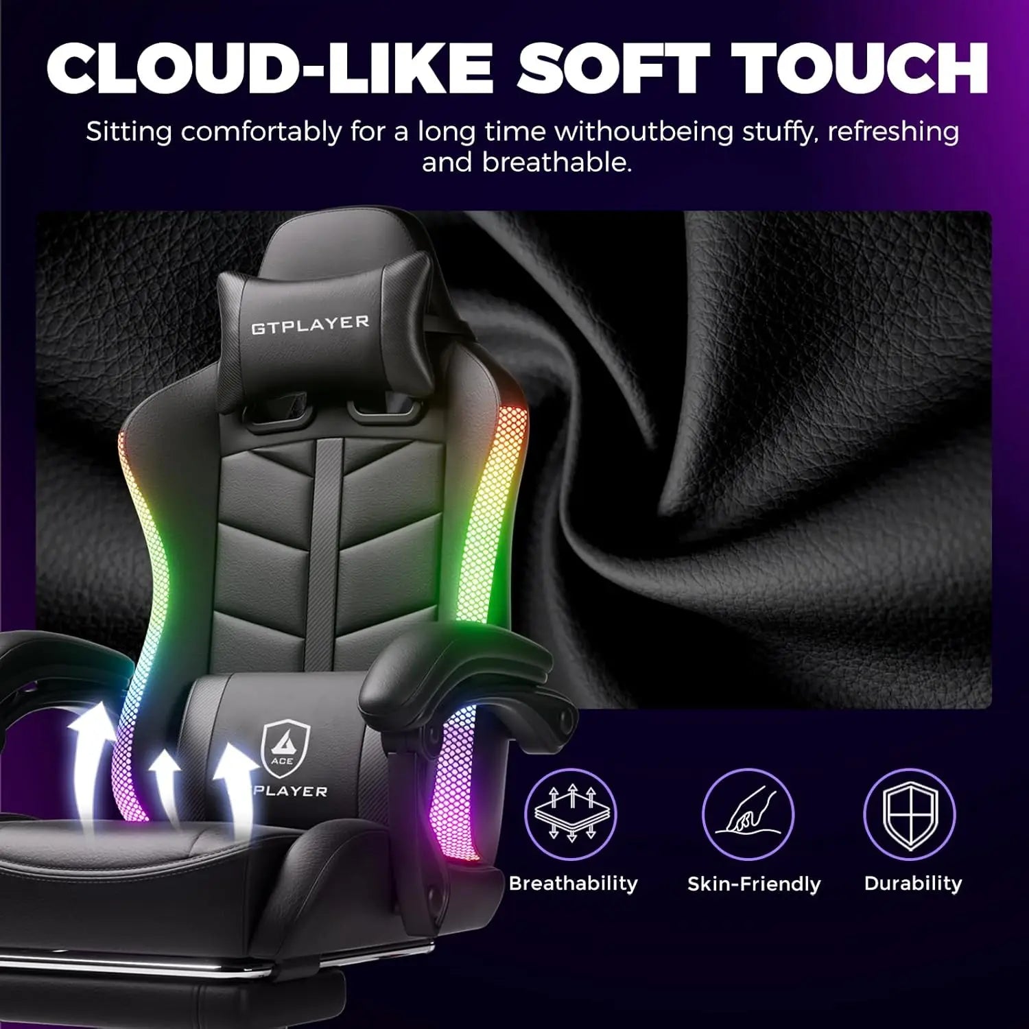 GTPLAYER RGB Gaming Chair with Footrest, Computer Gaming Chair with LED Lights for Adults, Height Adjustable PC Gamer Chair