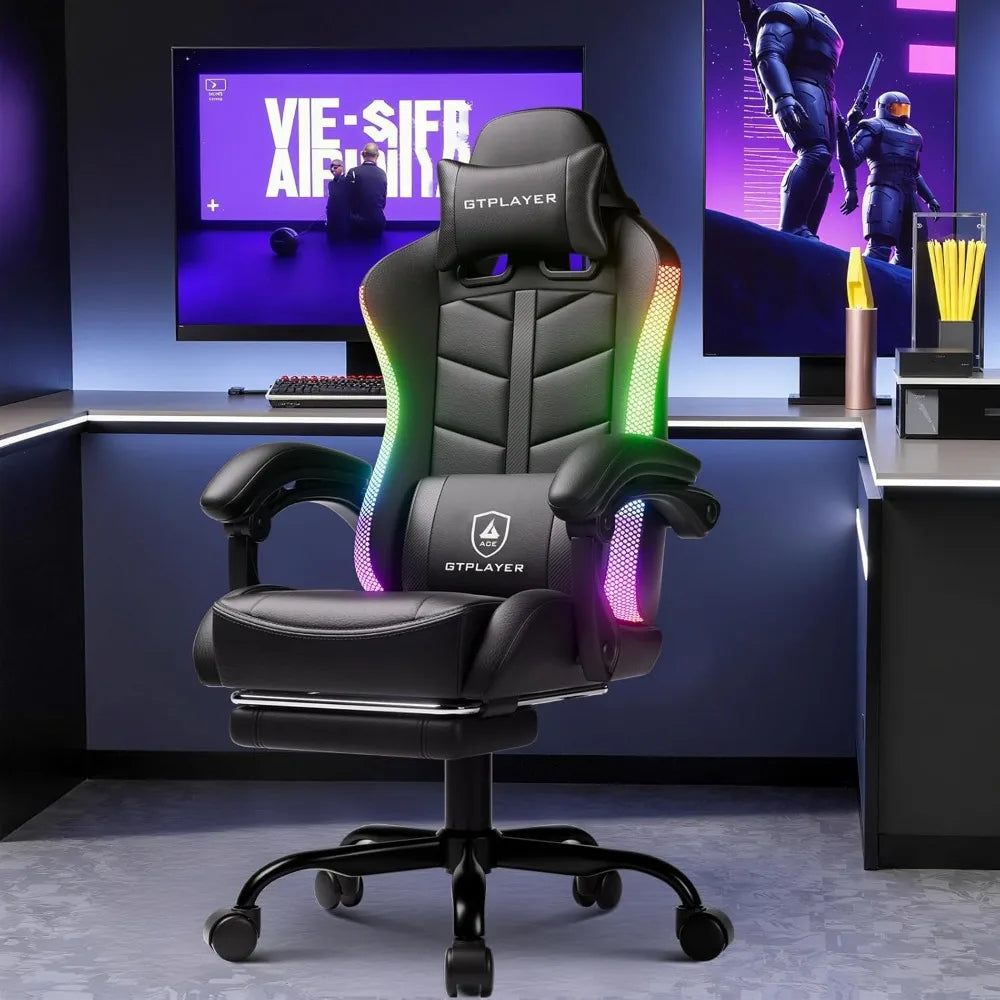 gtplayer rgb gaming chair with footrest, computer gaming chair with led lights for adults, height adjustable pc gamer chair with