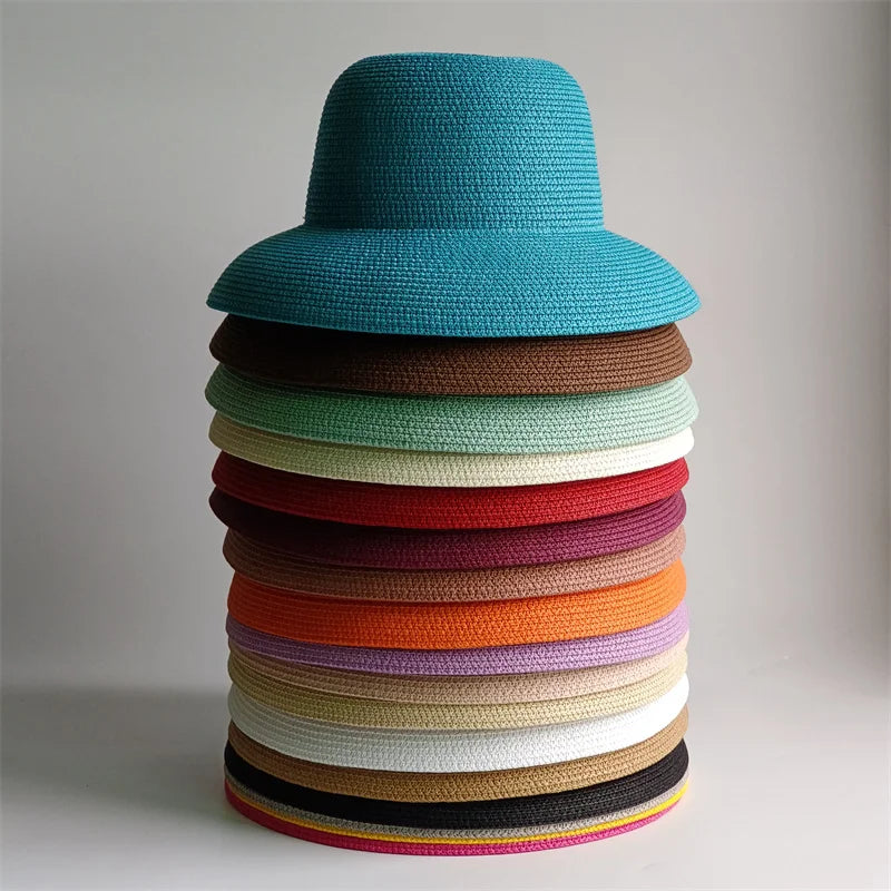 New Summer Sun Hats Ladies Solid Plain Elegant Wide Brim Hat Female Round Top Panama Floppy Straw Beach Hat Women |...