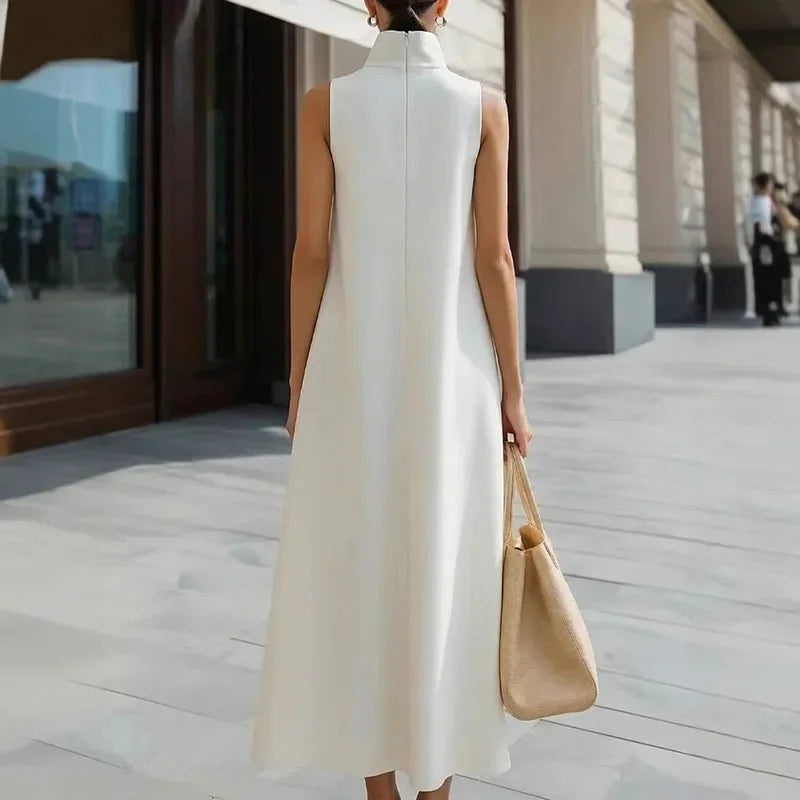 Simple Fashion Single Button High Neck Maxi Dress Women Spring Solid Pocket A-Line Long Dress Summer Sleeveless Bohemian...