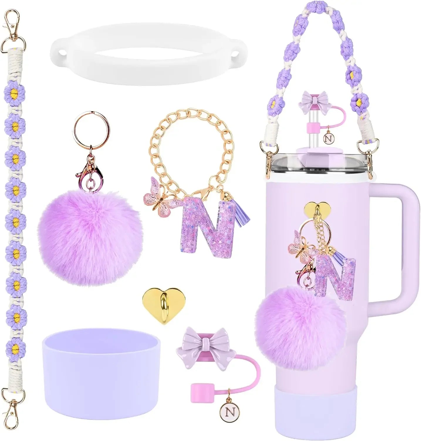 7PCS Accessories Set for Stanley Cup Purple Straw Topper Cup Boot Water Bottle Handle Strap Letter Charms 40oz 30oz Tumbler