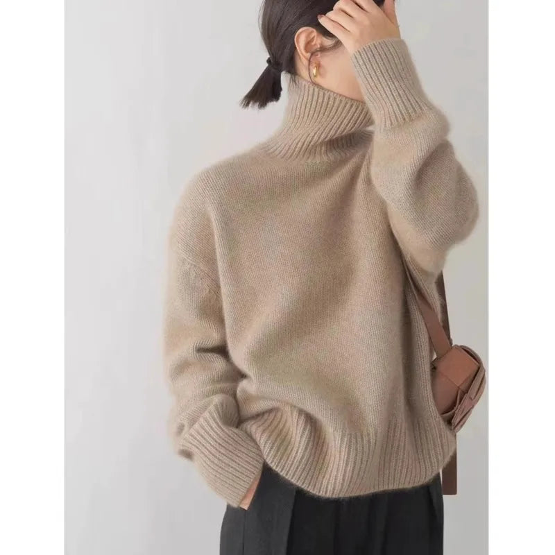 2024 Autumn and Winter New Thick Cashmere Sweater Women High Neck Pullover Sweater Warm Loose Knitted Base Sweater Jacket Tops