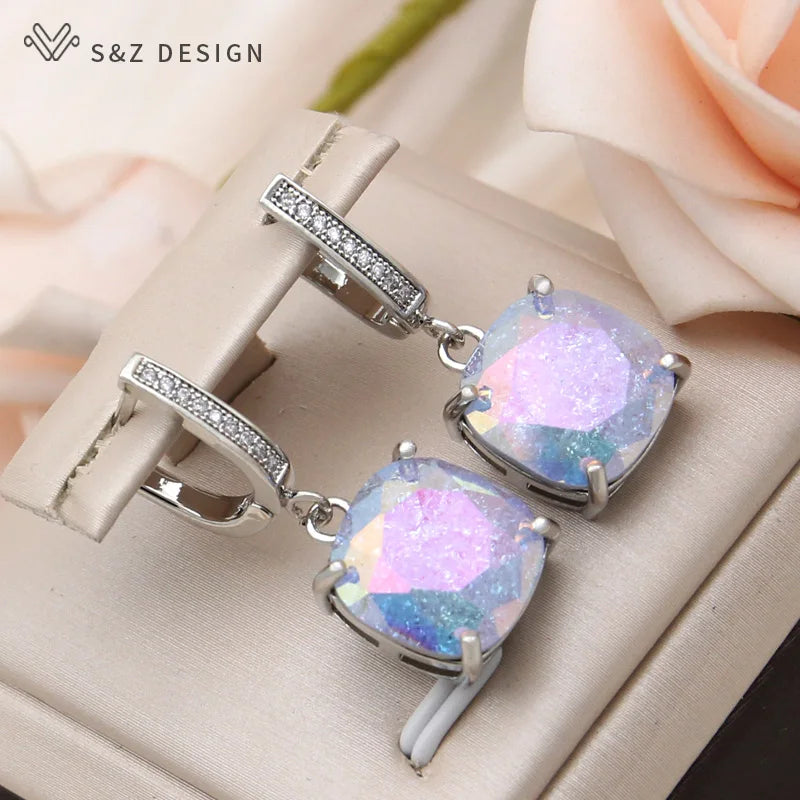 S&Z DESIGN New Fashion Cubic Zirconia Ice Crack Square Crystal Dangle Earrings For Women Jewelry 585 Rose Gold Color Eardrop
