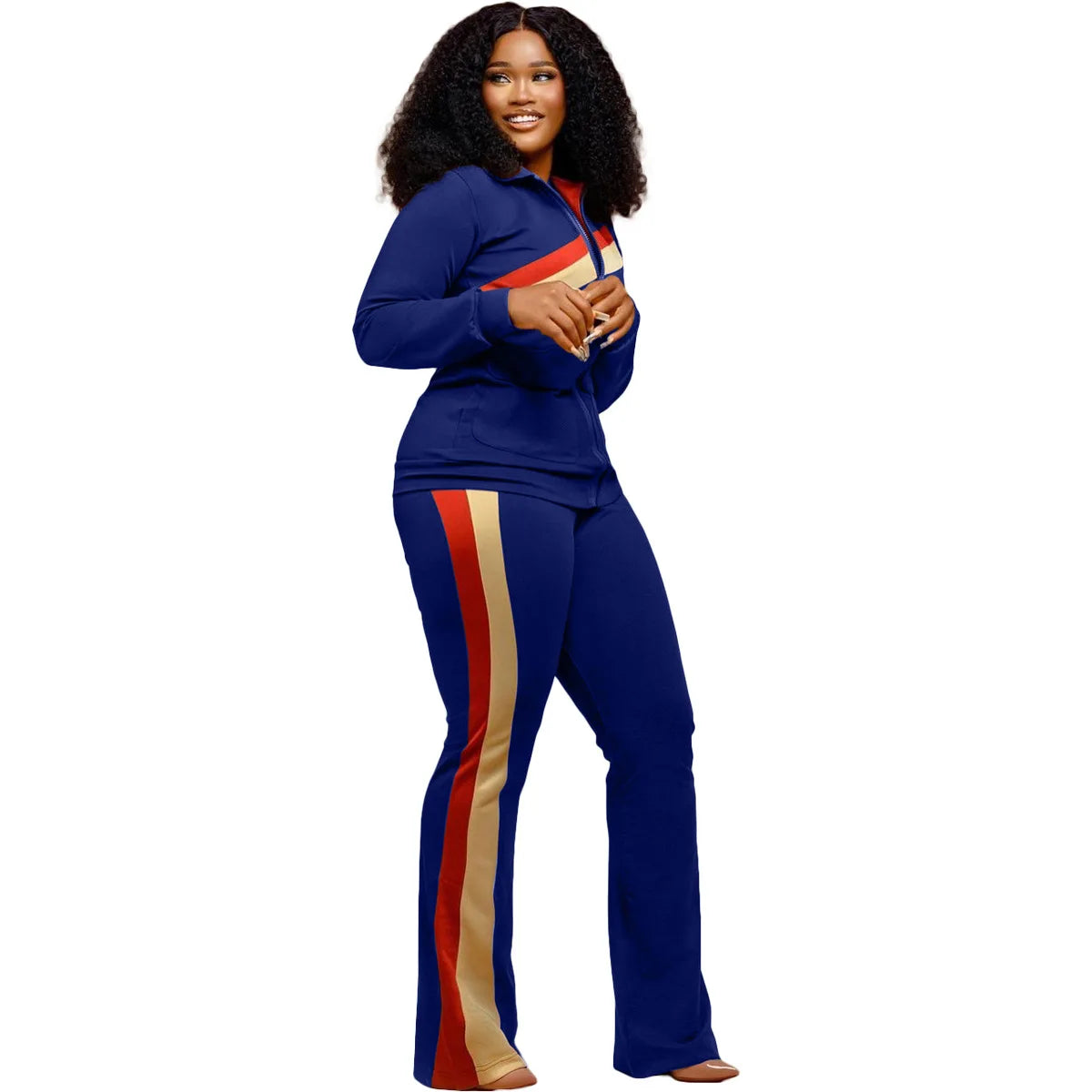 Custom LOGO Spring Women's Sports Casual Fashion Color-matching Pocket Lapel Zipper Top Straight Pants Two-piece Set S-4XL