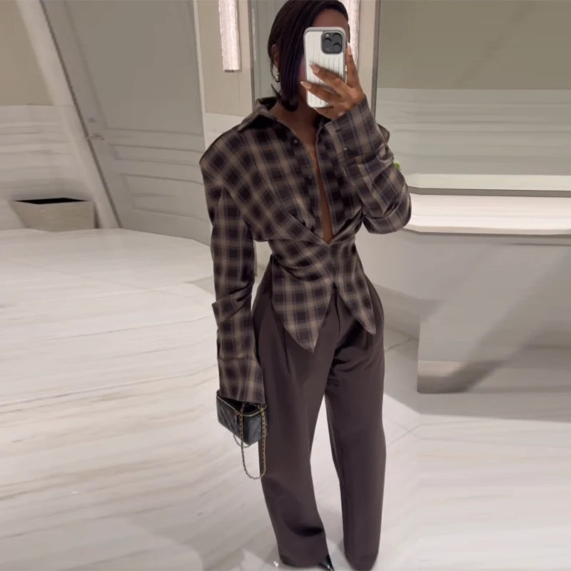 Women Chic Design Sense Plaid Shirt Fashion Casual Waist Cinched Slim Fit Long Sleeved Sexy Shirts Autumn Stylish Women Tops