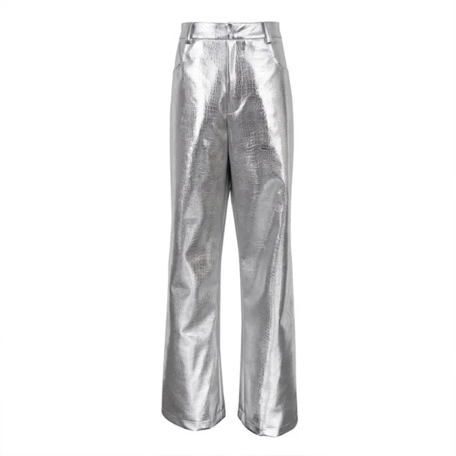 New 2024 Women's Elegant Y2K Silver High Waist Straight Pants Long Trousers Streetwear Autumn Winter Women PU Leather Pants