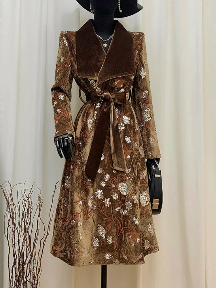 YERMORA Brown Sequins Embroidery Belt Elegant Trench For Women Lapel Long Sleeve Loose New Windbreaker Fashion Autumn Winter