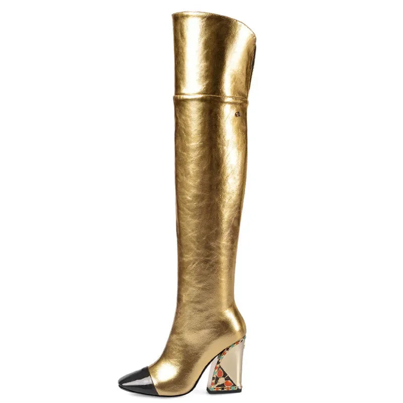 Colored Rhinestone Cowhide Mid Tube/knee Length Boots Thick Heeled Square Toe Black Gold Runway Runway Performance High Heels