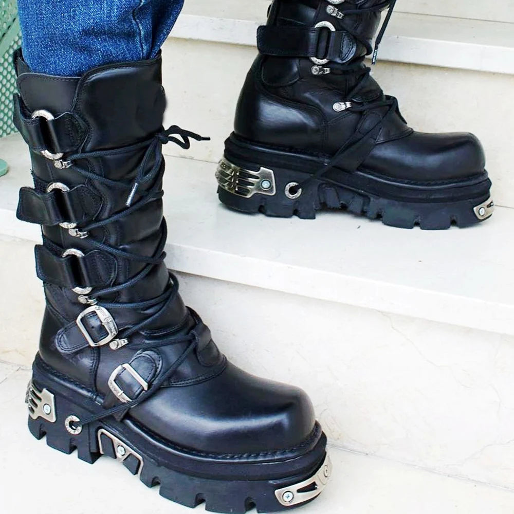 Men's Fashion Genuine Leather Motorcycle Boots Goth Skull Punk Boots New Unisex Mid-calf Cowboy Boots Metallic Combat...