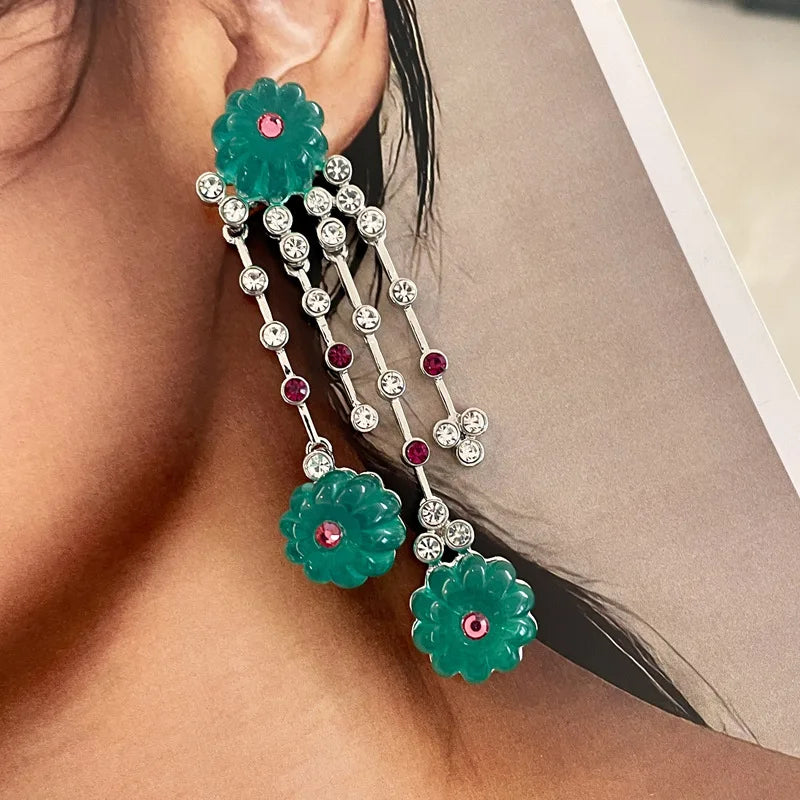 Vintage Blue Glass Pumpkin Bead Tassel Earrings for Women Party Jewelry