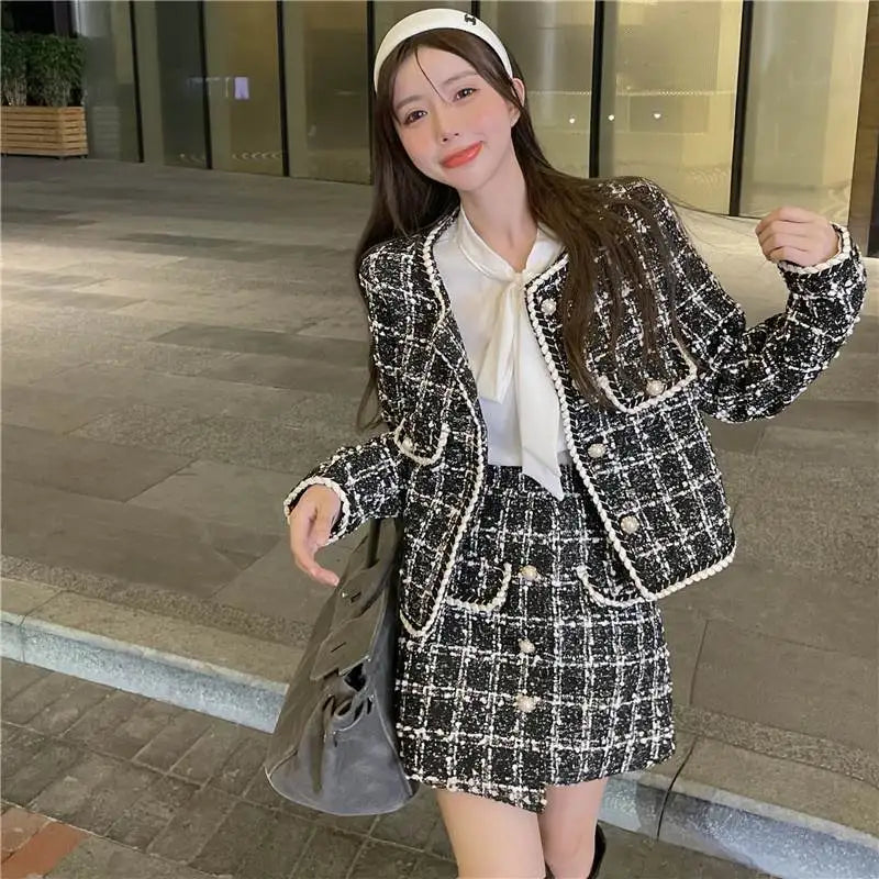 Formal Chic Houndstooth Plaid Set Skirt Women Spring Autumn New Fashion Loose Single-Breasted Plaid Jacket+Skirt Two-Piece Suit