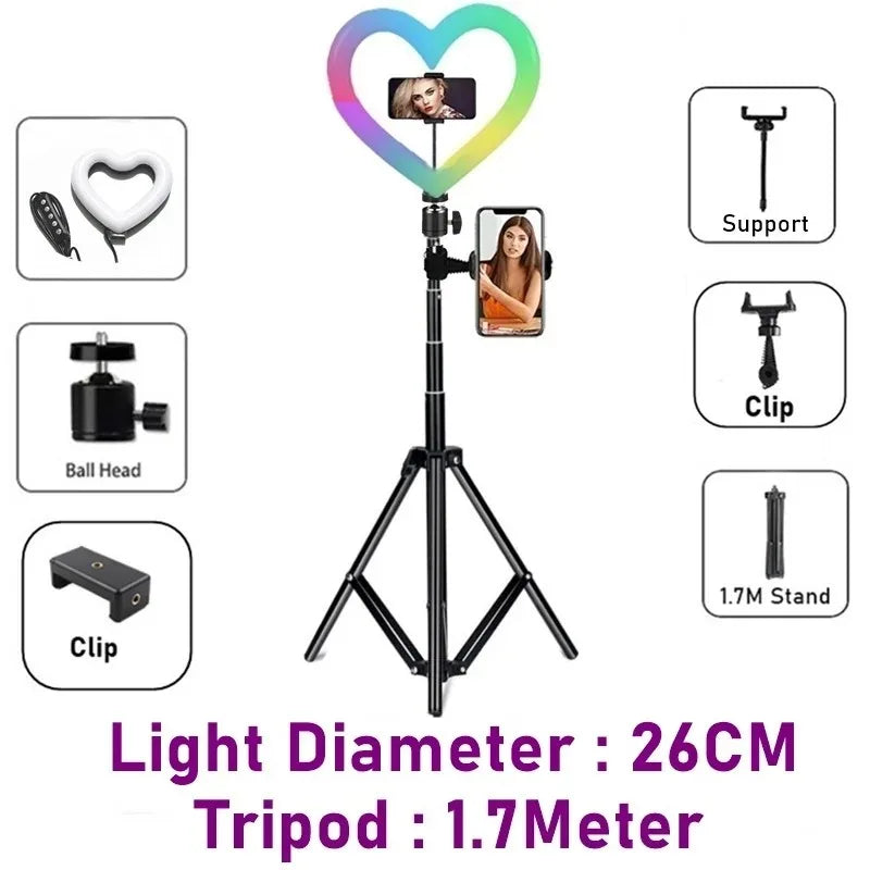 10 Inch RGB Heart LED Selfie Ring Light Dimmable Vedio Ring Lamp Photo Photographic Lighting Tripod For Phone Makeup Live Volg