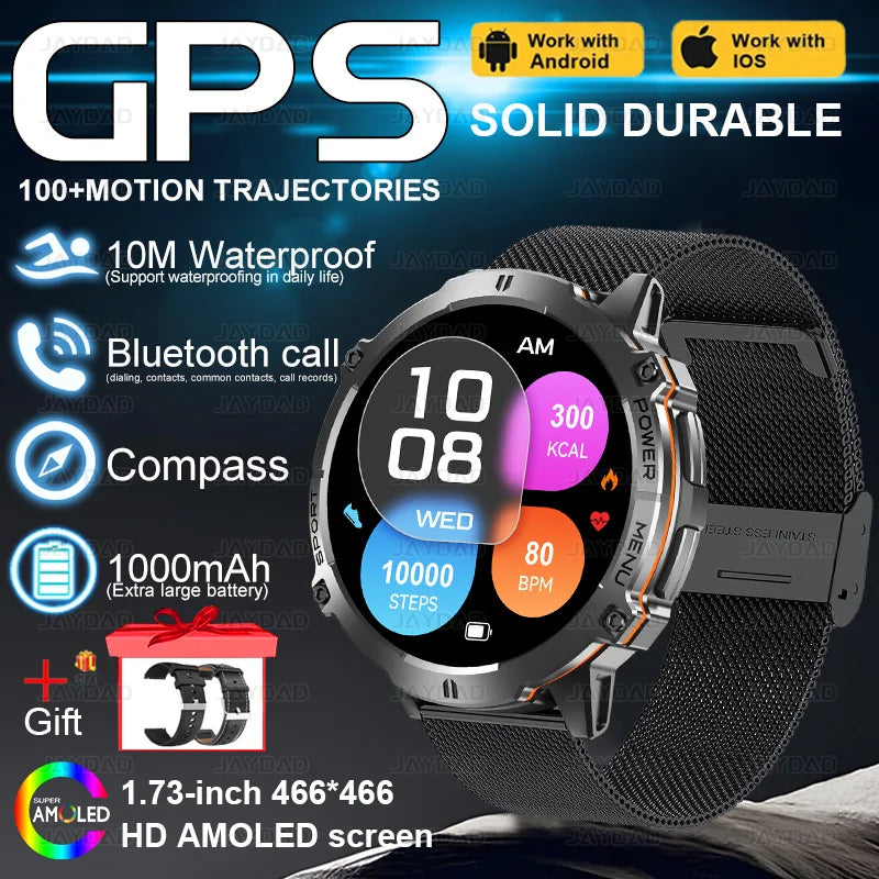 2025New Outdoor Military GPS Compass Smart Watch Men 1.73"HD AMOLED Screen 1000MAH Heart Rate BT Call IP68 Waterproof Smartwat