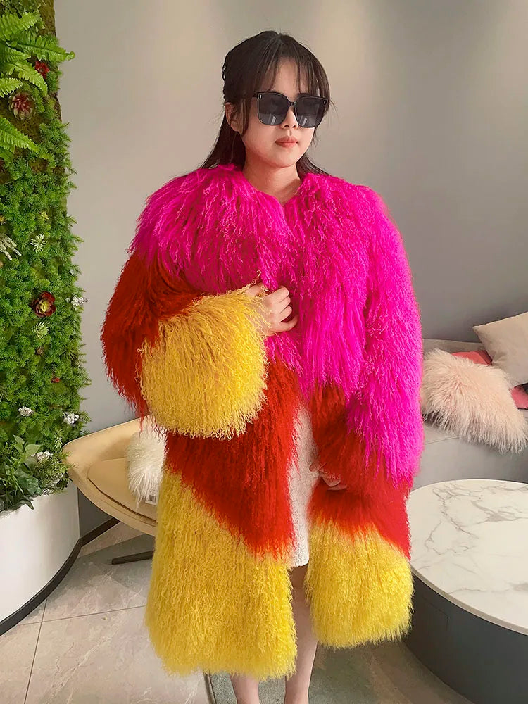 Long Mongolian Real Fur Coat For Women Elegant Fluffy Solid Thicken Warm Long Sleeves Coats Winter Chic Long Style
