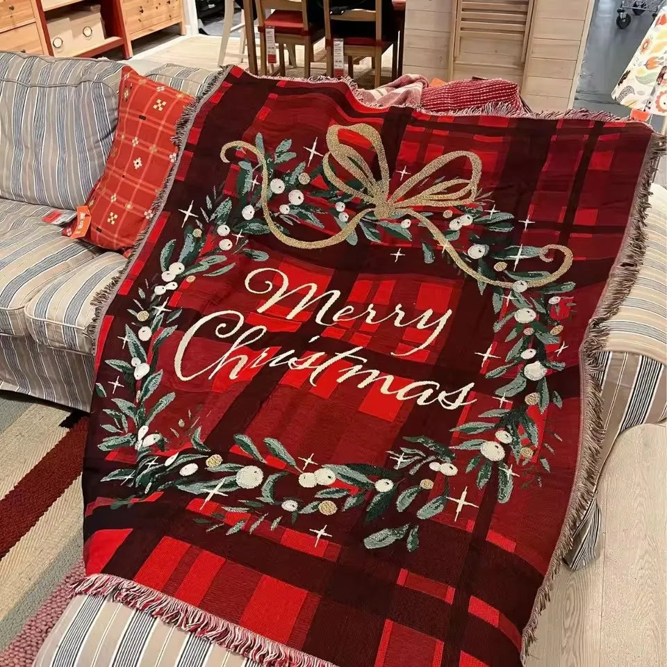 Retro Village Sofa Blanket Cotton Thread Throw Christmas Living Room Leisure Sofa Cover Winter Knitted New Years Gifts Blankets
