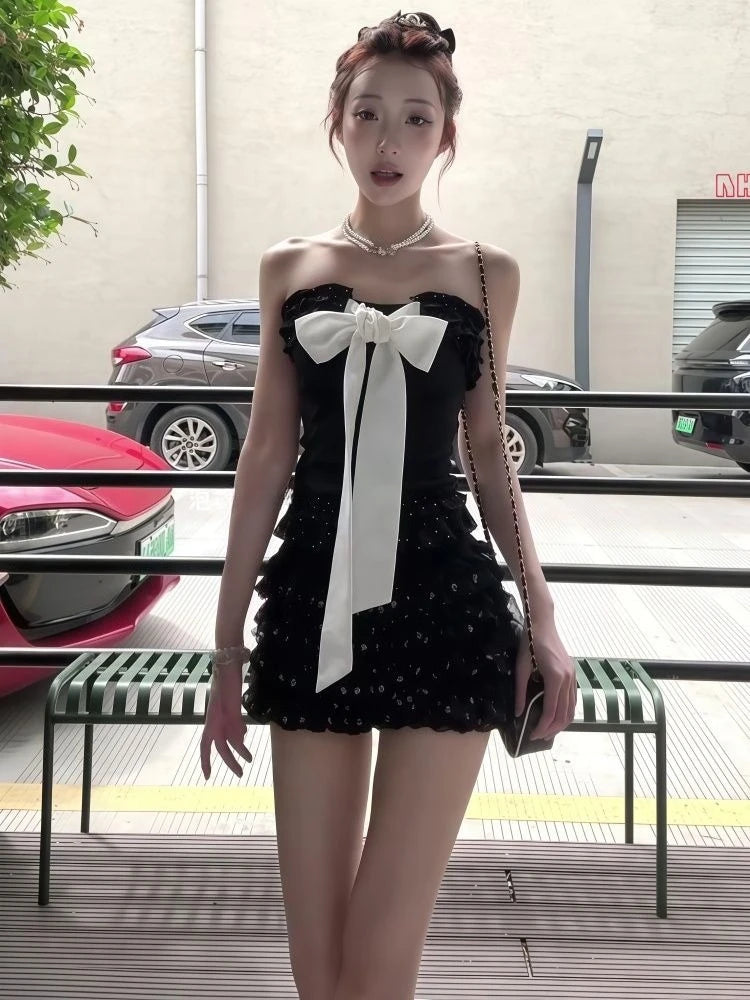 New Summer Sexy Bow Elegant 2 Piece Set Women Y2k Vintage Strapless Tops + Mini Skirt Harajuku Fashion Female Party Chic...